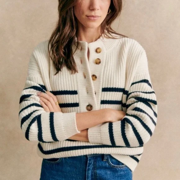 Sezane Lucas Jumper | S | ecru and navy stripe - Picture 1 of 6